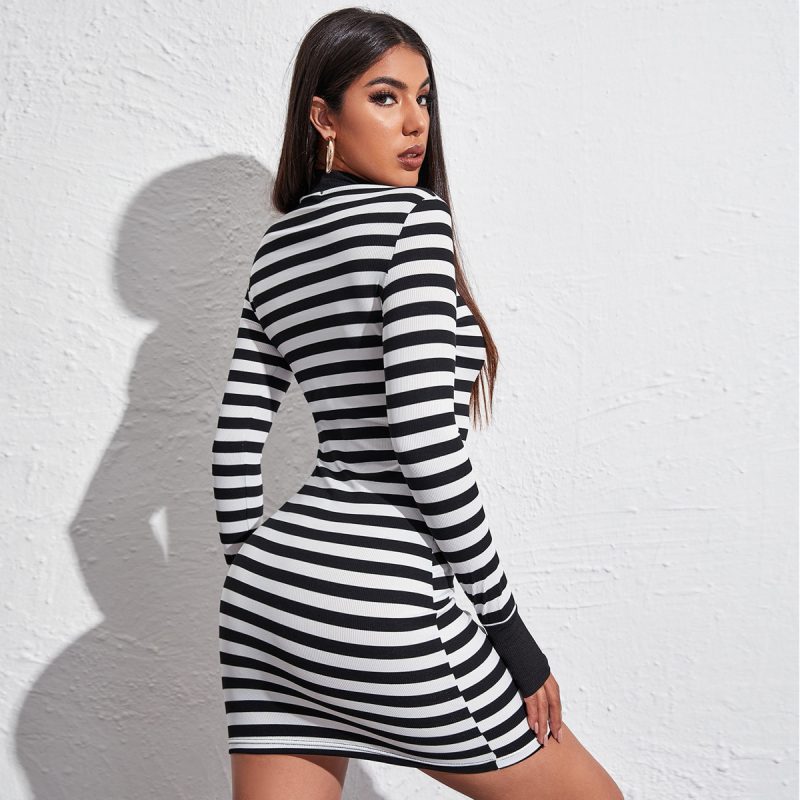 Women Clothing Sexy Slim Dress Minimalist Long Sleeve round Neck Slim Black White Stripe Dress Summer - Image 4