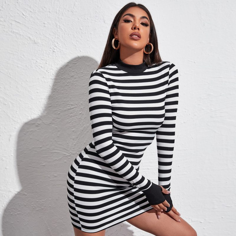 Women Clothing Sexy Slim Dress Minimalist Long Sleeve round Neck Slim Black White Stripe Dress Summer - Image 2