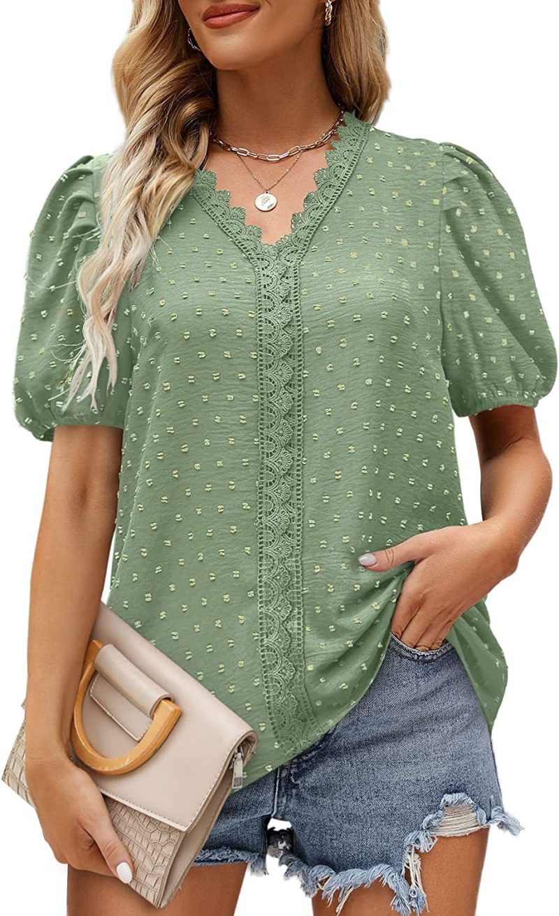 Summer Women Clothing V Neck Lace Dot Puff Short Sleeve Chiffon Shirt - Image 3