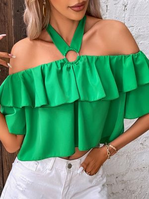 Off Shoulder Sexy Sexy Top Solid Color off the Cropped Halter off the Shoulder Ruffled