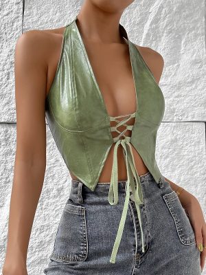 Sexy Sexy Low Cut Cardigan Solid Color Halter Lace up Faux Leather Vest Women