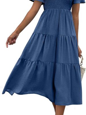 Summer Women Clothing V Neck Pleated Hem Layered Short Sleeve Dress