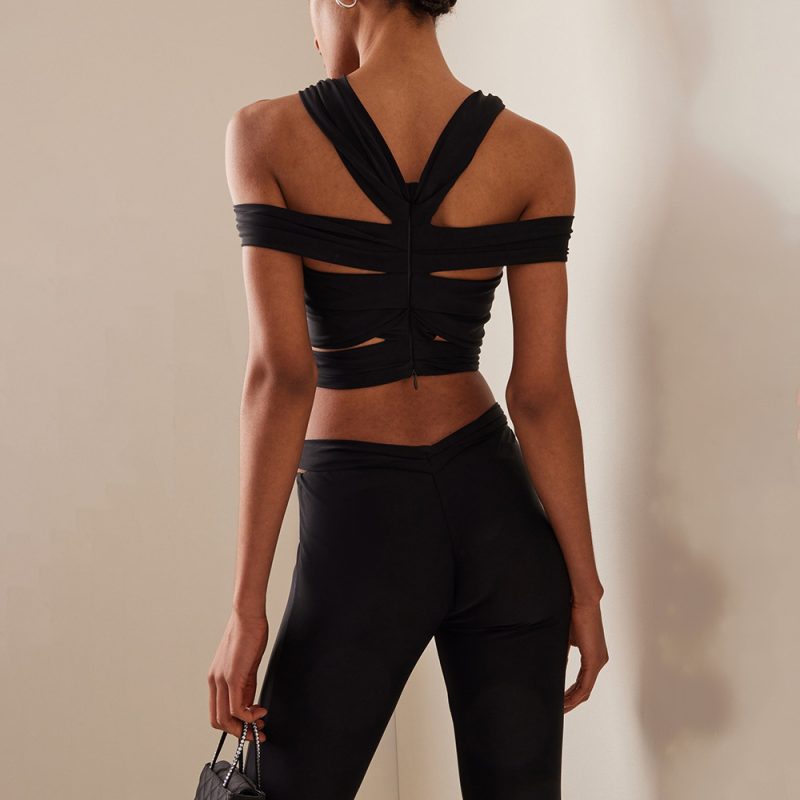 Black Cross Strap Three Dimensional Floral Two Piece Sexy Casual Set Vest Pants - Image 2