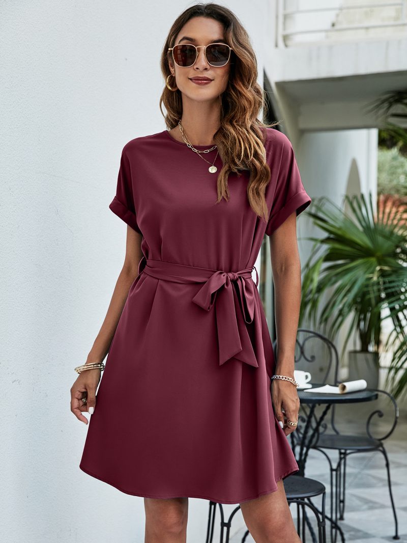 Women Summer Round Neck Solid Color Tied Waist Elegant Midi Dress - Image 3