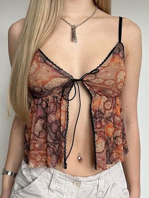 Retro Printed Small Sling Women Inner Backless V Neck Lace Up Vest Bottoming Bra