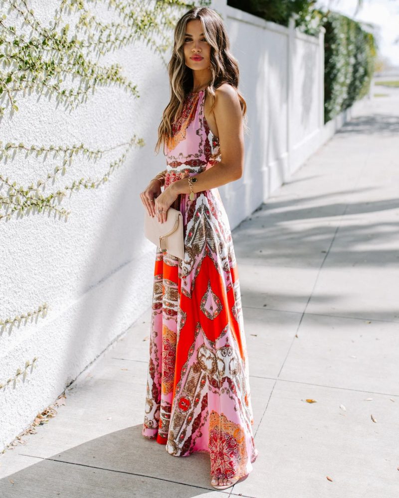 Summer Halter Maxi Dress Sexy Exotic Printed High Waist Sleeveless Office Dress for Women - Image 2