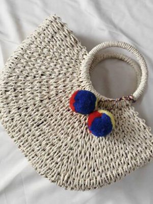 New Summer andmade Bags Women Pompon Beach Weaving Ladies Straw Bag Moon shaped Bag