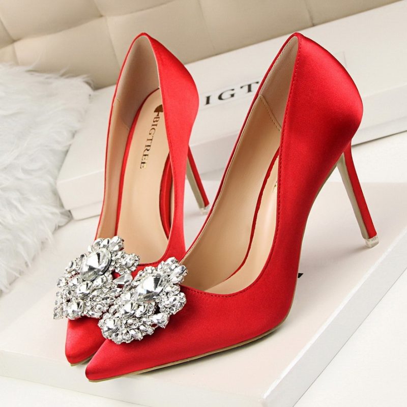 Women's Silver Gray Black Faux Silk Satin Rhinestone Crystal Shallow Stiletto Heel Wedding Shoes - Image 2