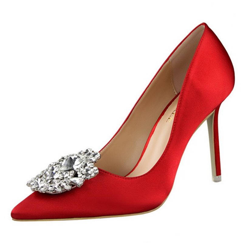 Women's Silver Gray Black Faux Silk Satin Rhinestone Crystal Shallow Stiletto Heel Wedding Shoes - Image 4