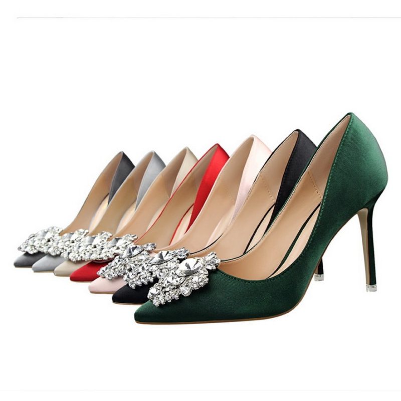 Women's Silver Gray Black Faux Silk Satin Rhinestone Crystal Shallow Stiletto Heel Wedding Shoes - Image 5