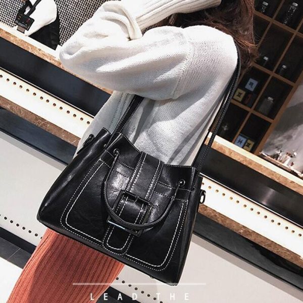 Women Handbag Ladies Soft Pu Leather Bag Pin Type Women Solid Fashion Shoulder Bags Metal Handle Casual Tote Bag - Image 2