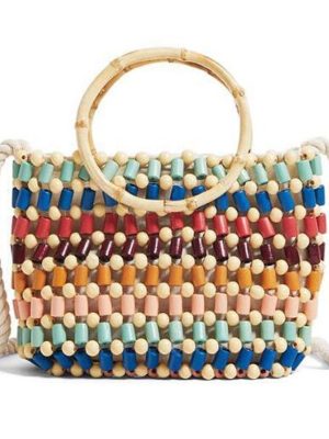 Colorful beads woven bag color hand pearl shoulder bag straw Crossbody bag women high-end fashion wood small handbag