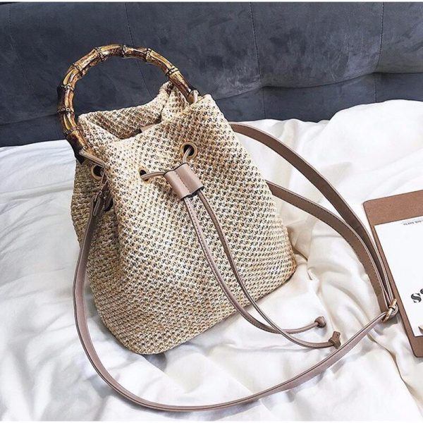 Drawstring Women's Straw Bucket Bag Summer Woven Shoulder Bags Shopping Purse Beach Handbag - Image 2