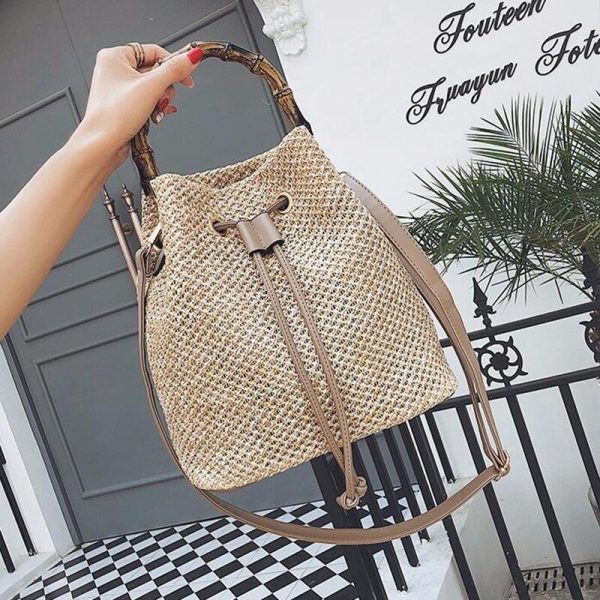 Drawstring Women's Straw Bucket Bag Summer Woven Shoulder Bags Shopping Purse Beach Handbag - Image 3