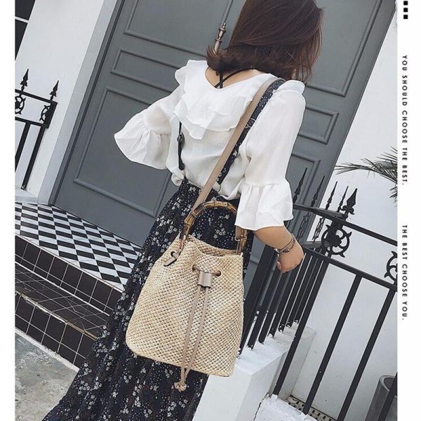 Drawstring Women's Straw Bucket Bag Summer Woven Shoulder Bags Shopping Purse Beach Handbag - Image 4