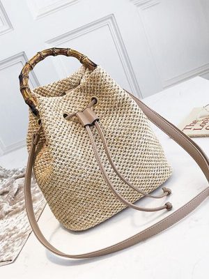 Drawstring Women’s Straw Bucket Bag Summer Woven Shoulder Bags Shopping Purse Beach Handbag