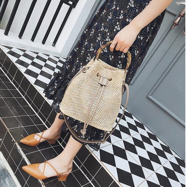 Drawstring Women's Straw Bucket Bag Summer Woven Shoulder Bags Shopping Purse Beach Handbag - Image 5