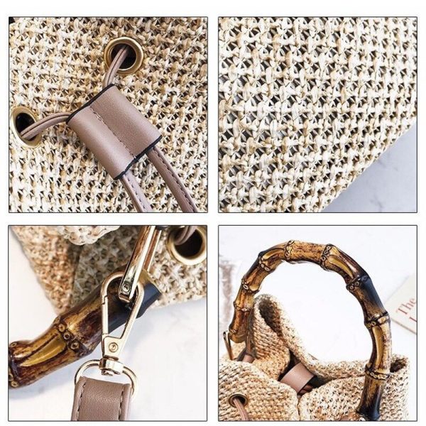 Drawstring Women's Straw Bucket Bag Summer Woven Shoulder Bags Shopping Purse Beach Handbag - Image 6