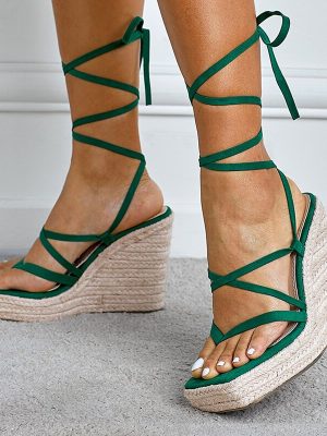 Vanessas Wedges Heels Platform Sandals for Women – Summer Green Narrow Band Open Toe Lace-Up Party Dress Shoes