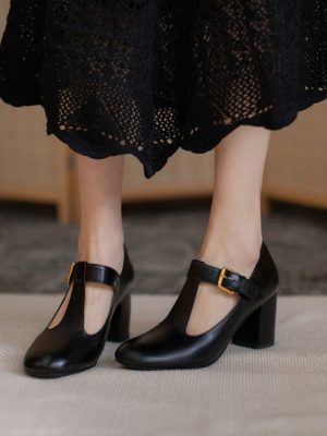 Vanessa’s Women Pumps New Spring T Strap Buckle Female Shoes Genuine Leather Round Toe Retro Square High Heels