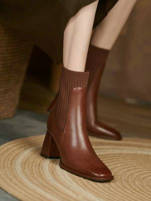 Vanessa’s Knitting Autumn Winter Ankle Boots Cow Leather Slip On Short Sock Boots