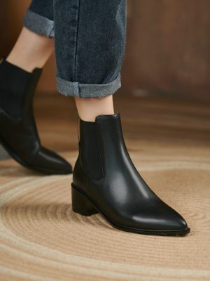 Vanessa’s Pointed Toe Square Heel Autumn Winter Women Shoes Genuine Leather Fashion Platform Slip On Ankle Boots