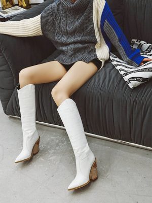 Vanessa’s Square High Heel PU Leather Slip on Leisure Women Boots