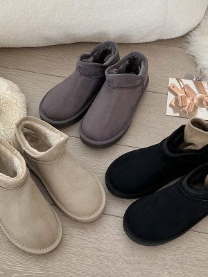 Women’s Winter Flats Snow Boots – Short Plush, Keep Warm, Non-slip Ankle Boots – Flock Soft Office Shoes for Ladies