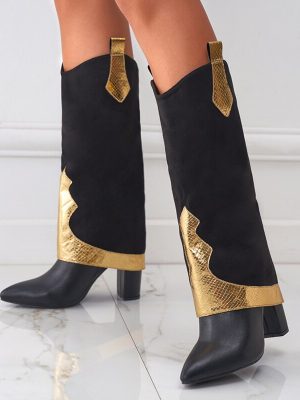 Vanessas Gold Snake Print Women’s Long Knee High Boots – Chunky Heel Pointed Toe Chelsea Booties