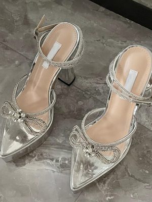 Vanessas Crystal Butterfly-knot Pointed Toe High Heels for Women – PVC Transparent Chunky Party Prom Shoes