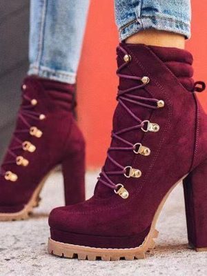 Vanessas Women’s Flock Ankle Boots with Lace Up and High Heels for Fashionable Autumn Wear