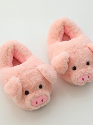 Vanessas Winter Women’s Warm Plush Slippers Ladies Fashion Pink Pig Flat