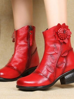 Vanessas Women Ankle Boots Flower Women’s Boots Woman Genuine Leather Ladies Boots