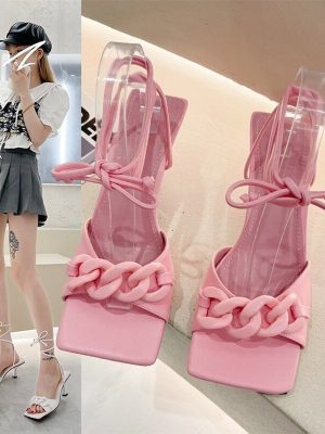 Women’s Ankle Strap Square Toe High Heel Sandals with Chain Accent for Summer Party Wear