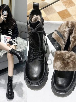 Vanessas Women’s Ankle Boots Pu Leather Winter Warm Plush Ladies Boots