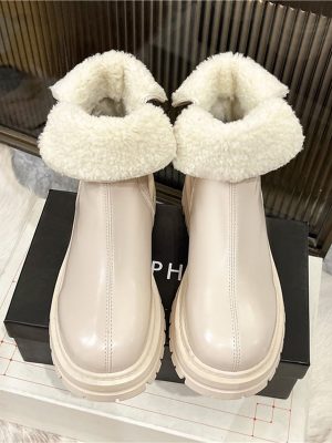 New Women’s Snow Boots Ladies PU Leather Warm Plush Cotton Shoes