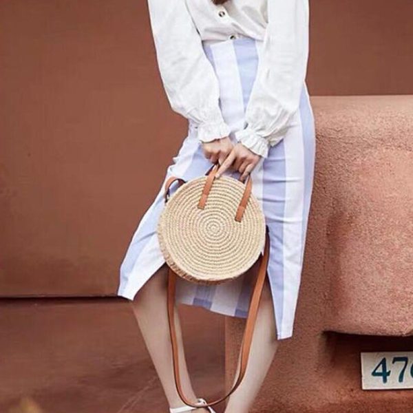 New round hand-woven straw bag shoulder bag handbag Woman girl messenger bag