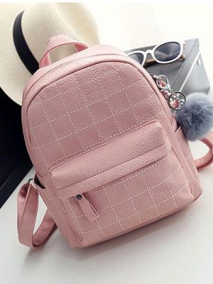 Vanessa’s Pink Plaid Fur Ball PU Leather Backpack