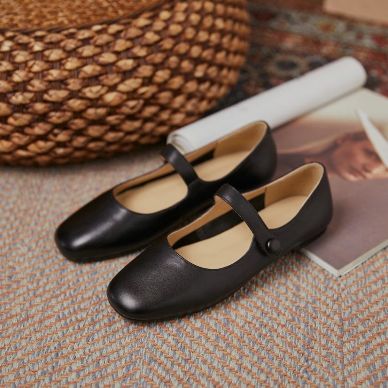 Vanessas Flat Heels Retro Square Toe Genuine Leather Women Shoes - Image 3