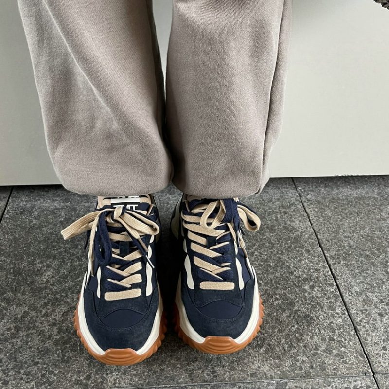 Spring Autumn Round Toe Med Heel Platform Casual Female Shoes Mixed Color Cow Suede Lace Up Women Sneakers - Image 3
