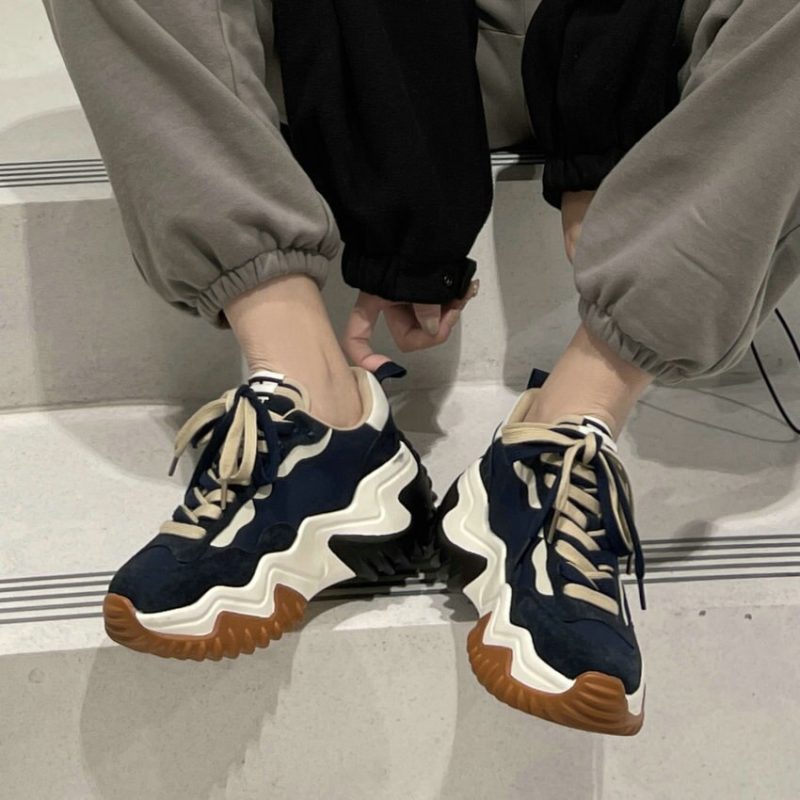 Spring Autumn Round Toe Med Heel Platform Casual Female Shoes Mixed Color Cow Suede Lace Up Women Sneakers - Image 4