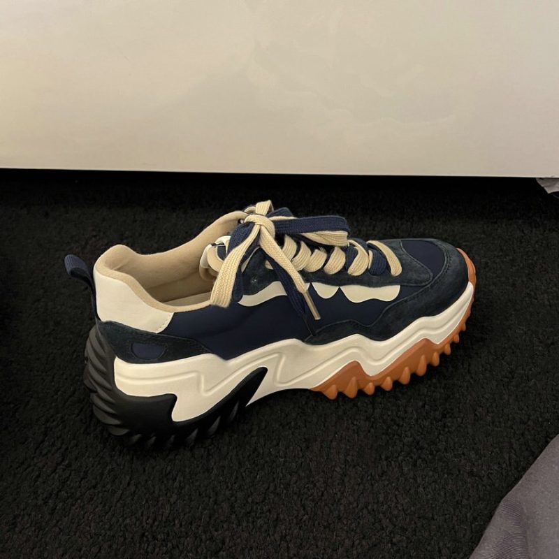 Spring Autumn Round Toe Med Heel Platform Casual Female Shoes Mixed Color Cow Suede Lace Up Women Sneakers - Image 5