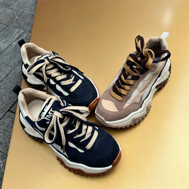 Spring Autumn Round Toe Med Heel Platform Casual Female Shoes Mixed Color Cow Suede Lace Up Women Sneakers - Image 6