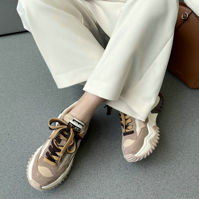 Spring Autumn Round Toe Med Heel Platform Casual Female Shoes Mixed Color Cow Suede Lace Up Women Sneakers - Image 2