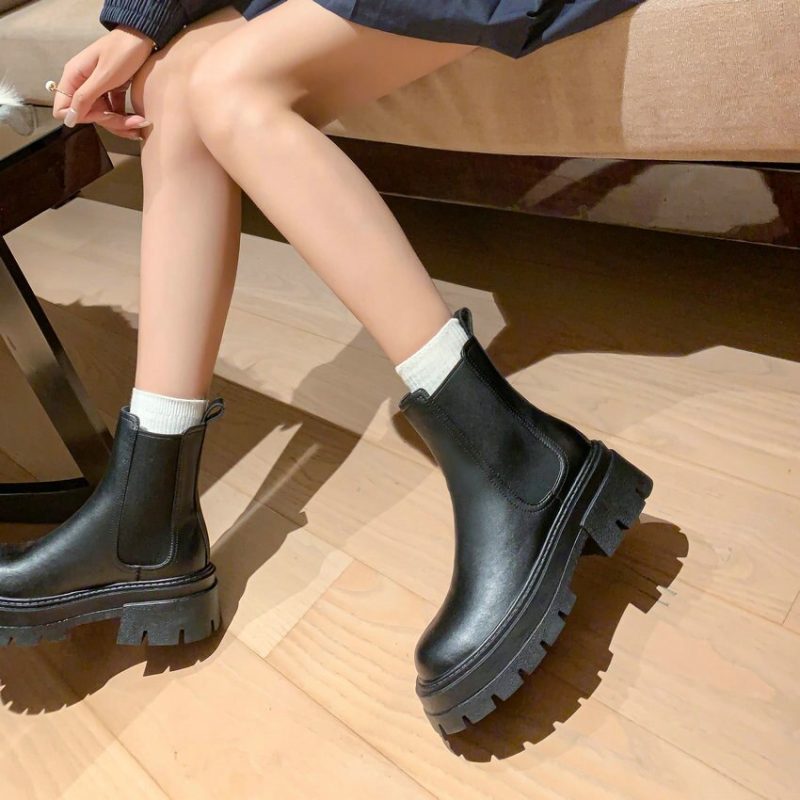 Vanessa's Thick Med Heels Women Ankle Boots Genuine Leather Platform Office Ladies Chelsea Shoes - Image 5