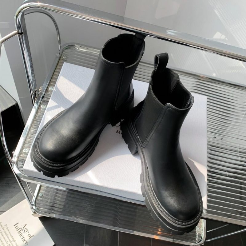 Vanessa's Thick Med Heels Women Ankle Boots Genuine Leather Platform Office Ladies Chelsea Shoes - Image 6