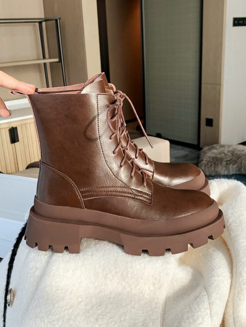 Vanessa's Women Ankle Boots Winter Fashion Cross-Tied Genuine Leather Thick Heels Boots - Image 3