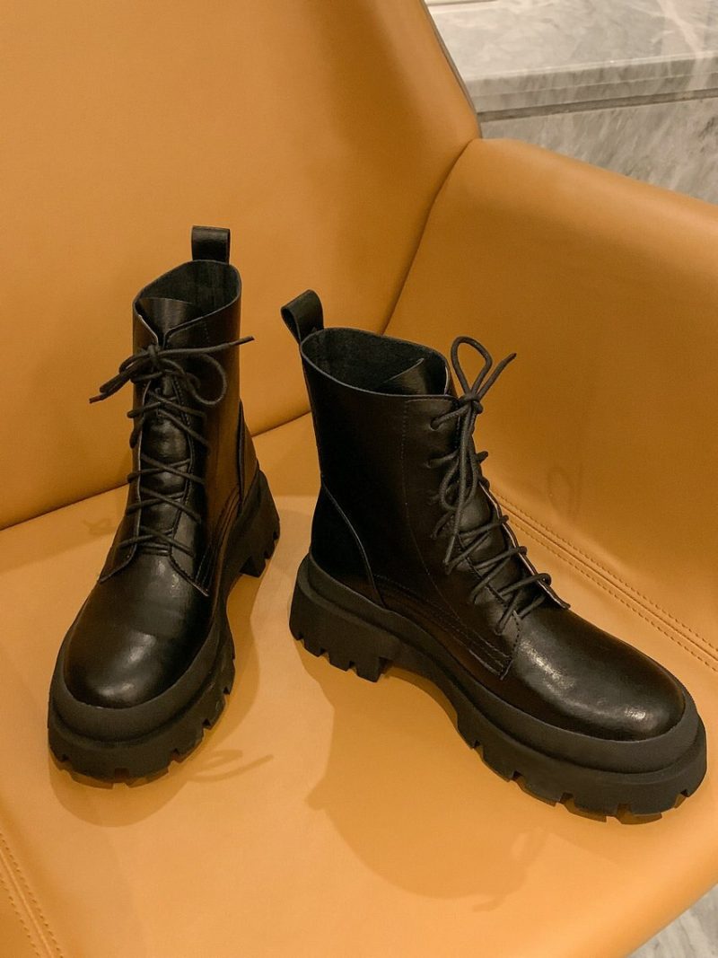Vanessa's Women Ankle Boots Winter Fashion Cross-Tied Genuine Leather Thick Heels Boots - Image 4