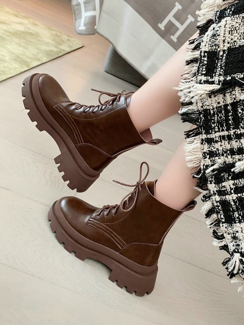 Vanessa's Women Ankle Boots Winter Fashion Cross-Tied Genuine Leather Thick Heels Boots - Image 2