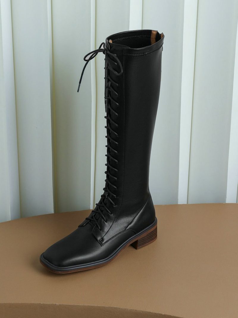 Vanessa's Women Knee High Boots Round Toe Med Heel Genuine Leather Lace-Up Boots - Image 4